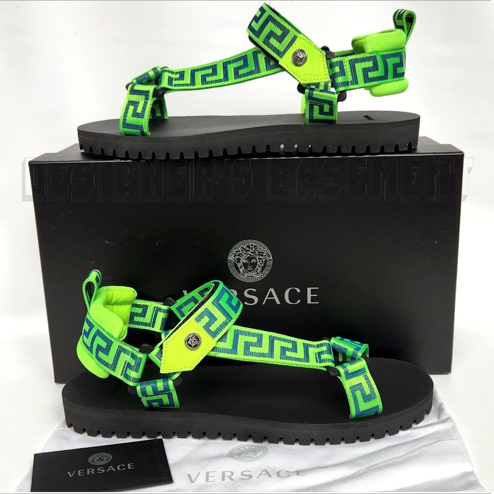 VERSACE neon green 41 EU - 8 US Greca canvas MEDUSA stud neoprene black Sandals